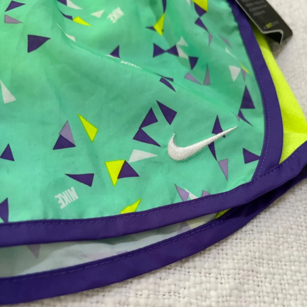 Nike Girls Dri-FIT Tempo Running Shorts Teal Lime Green Geometric Print Size S 5